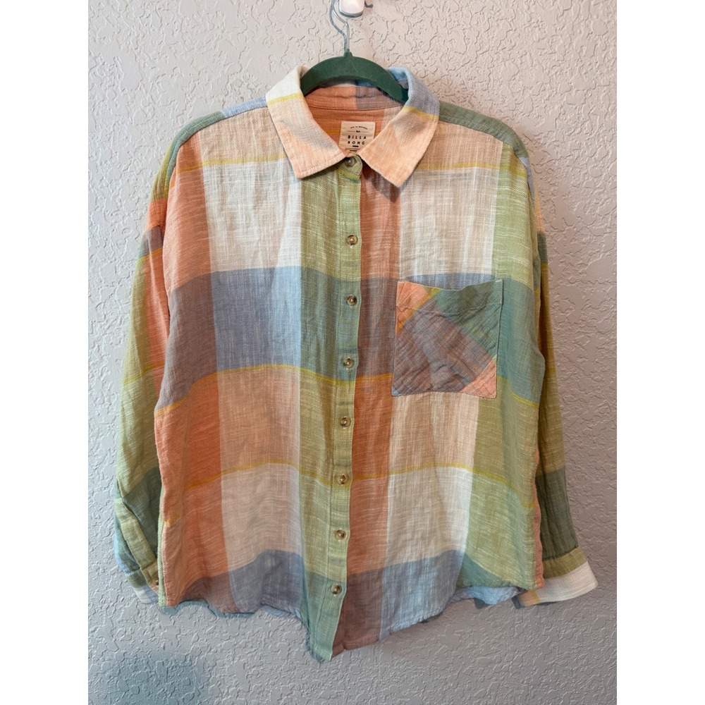 Billabong Plaid Button Down Shirt XL Beachy Boho Coastal Pastel Gauze